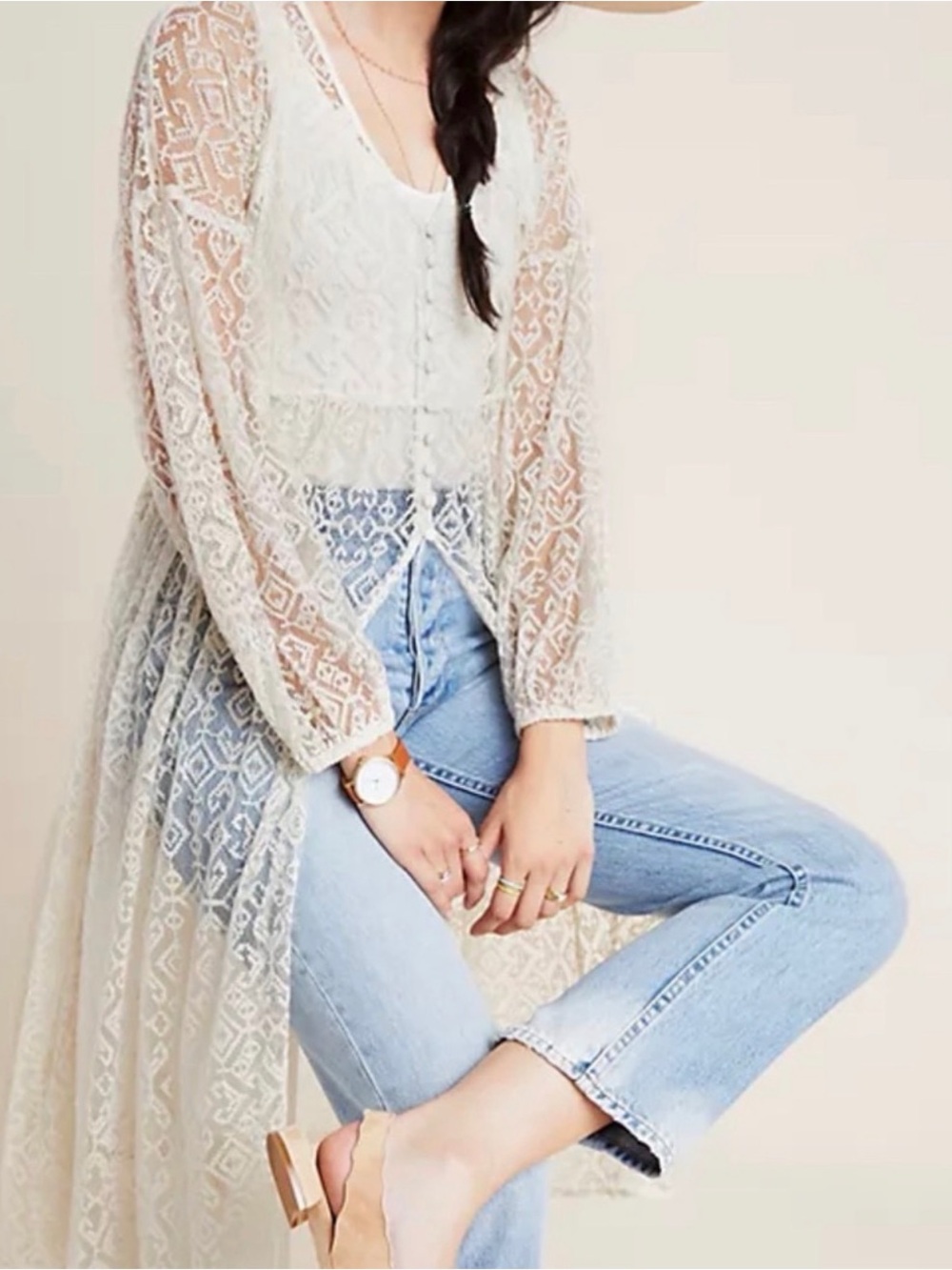 ANTHROPOLOGIE MAEVE San-Michel Lace Duster Dress Coverup Ivory White L - Picture 3 of 16